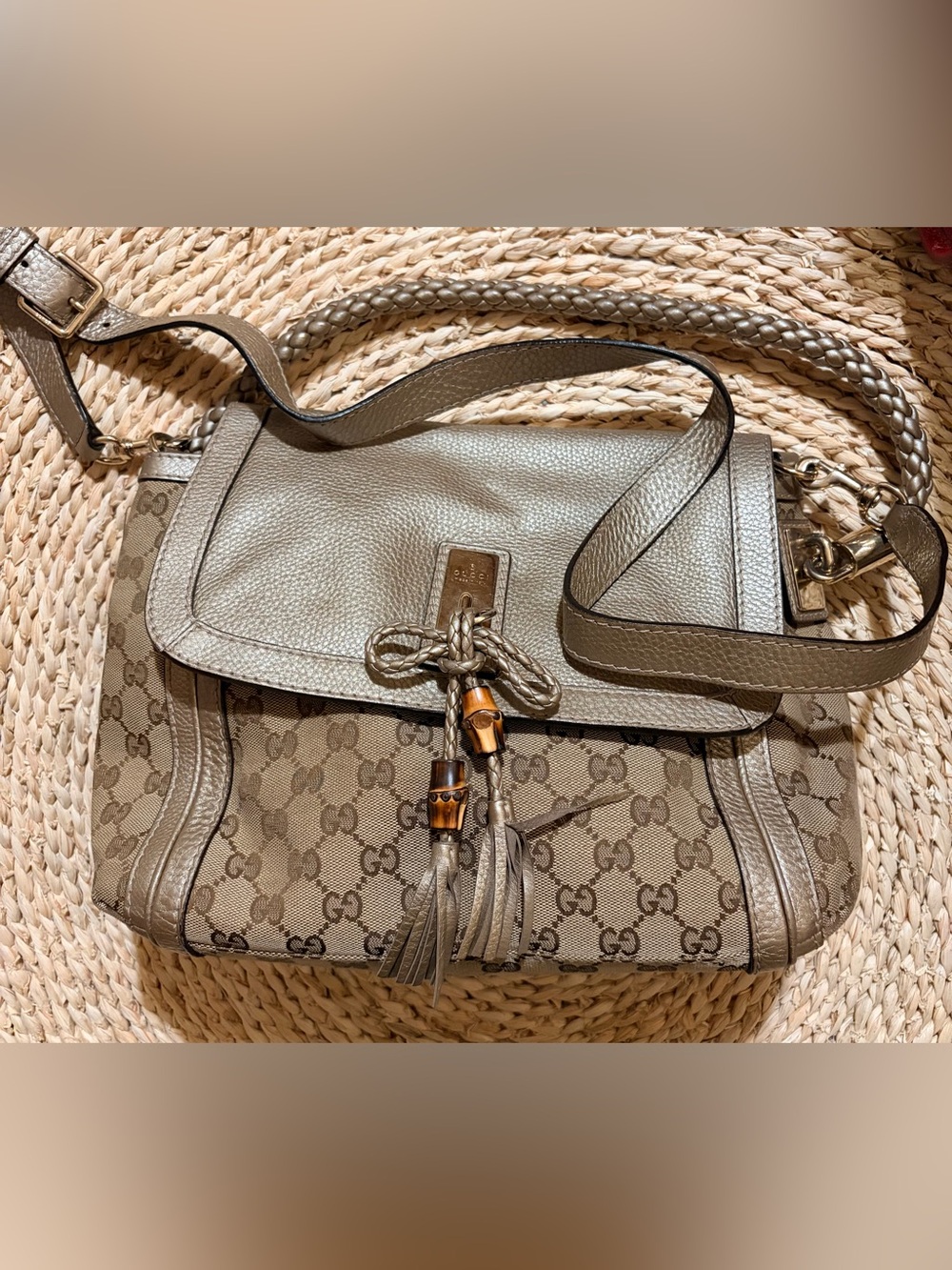 Gucci  GG Canvas Bella Flap satchel Shoulder Bag with Bamboo Tassels